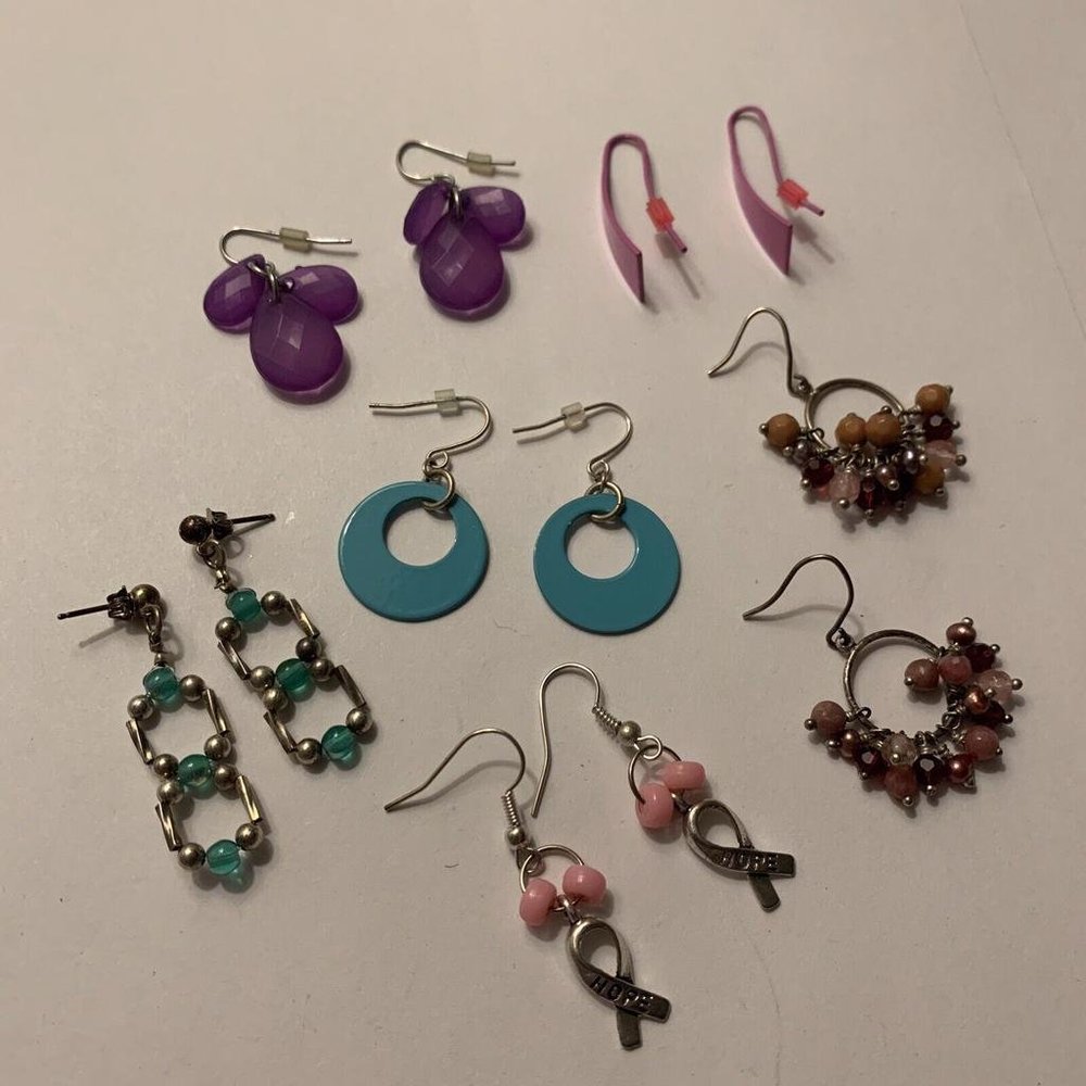 Lot Of 6 Costume Earrings Pierced Mostly Dangle - Some Bead - Blue, Purple, Etc
